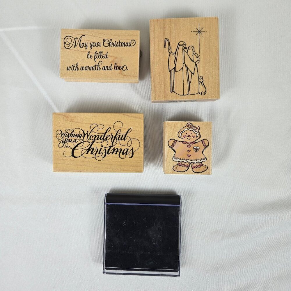 Set of 4 Christmas Themed Rubber Stamps and Black Ink Pad NWT